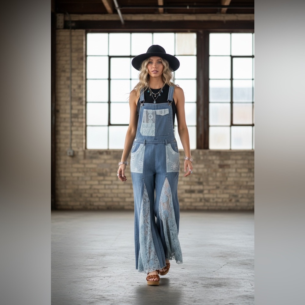 NWT Ultra Wide Leg Flare Lace Panel Patchwork Denim Jean Overalls Jumpsuit - Picture 12 of 14